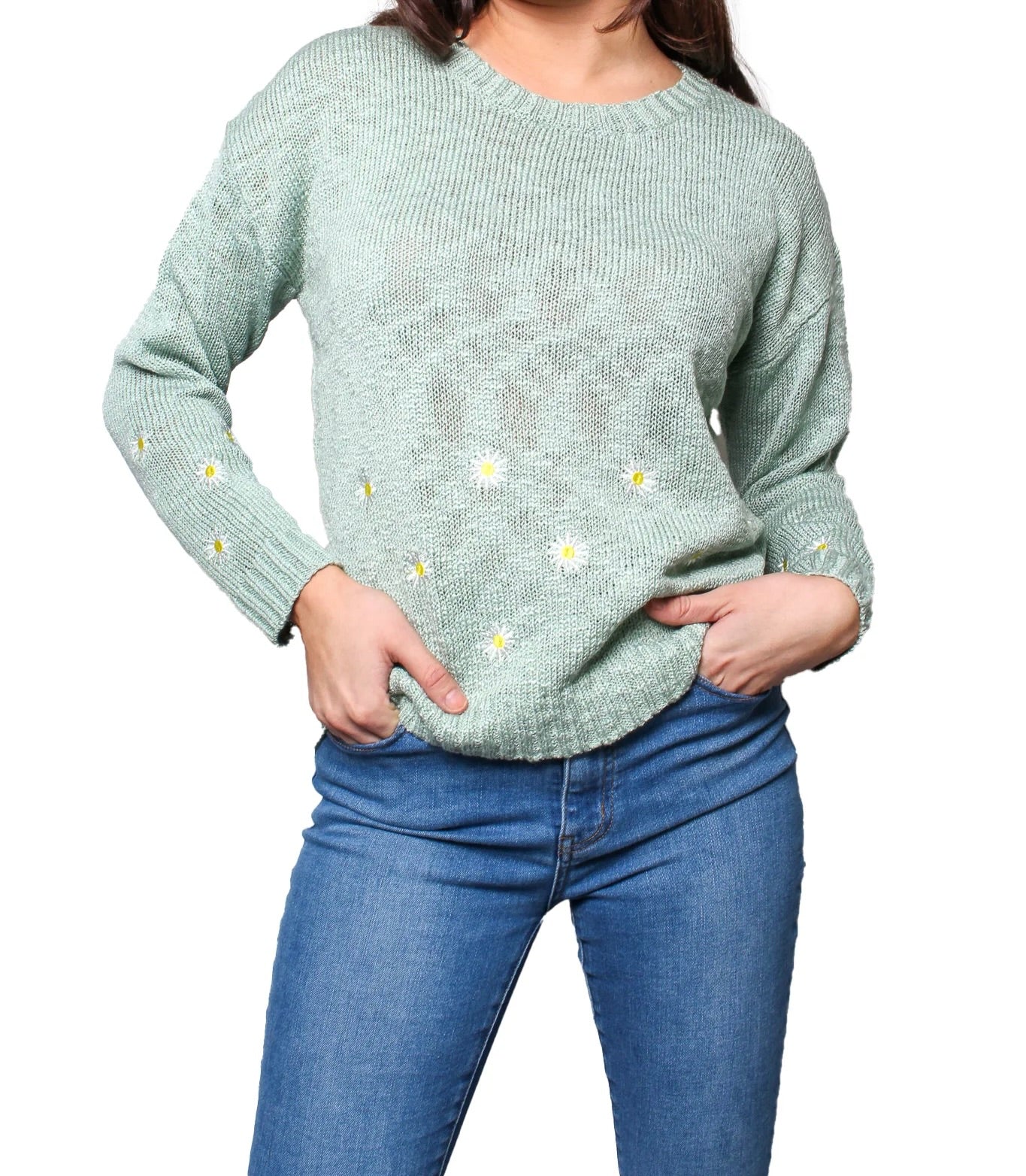 Long Sleeves Crew Neck Daisy Print Knitted Sweater