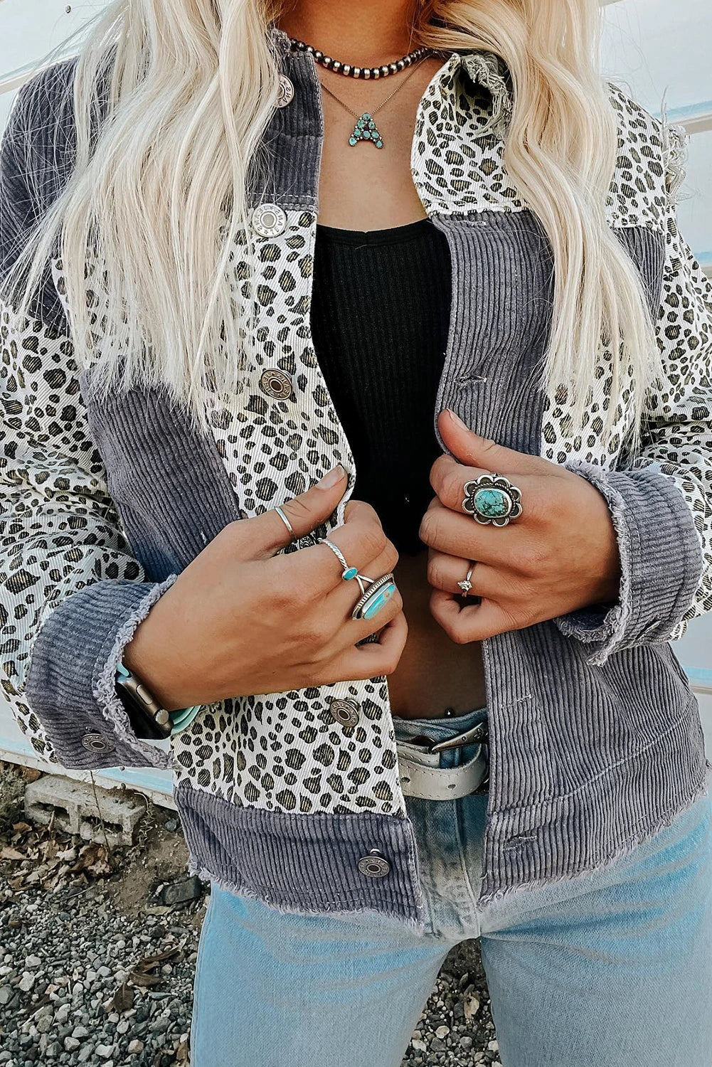 Gray Leopard Button Up Jacket